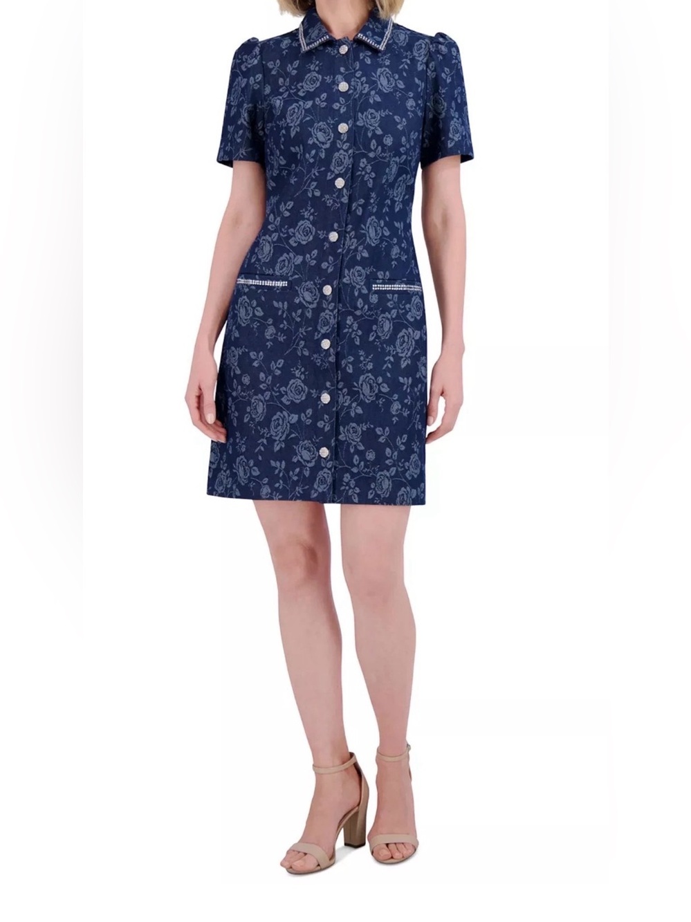 NEW Womens Size 4 Eliza J Floral Rhinestone-Trim Collared Denim Shirtdress $158 - Picture 1 of 13